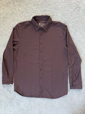 BYLT Basics Ribbed+ Long Sleeve Button Down Shirt in Rich Brown Mens Large  NWOT